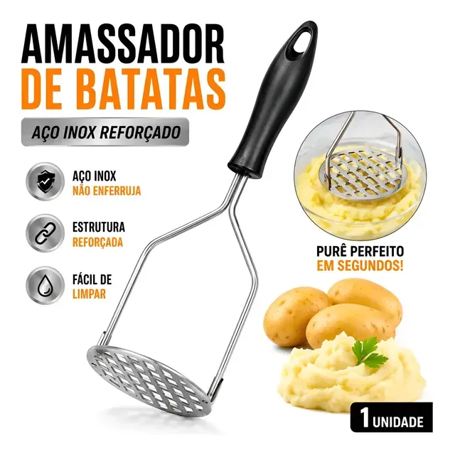 Amassador De Batatas Inox Legumes Feijão Tomate Espremedor Preto