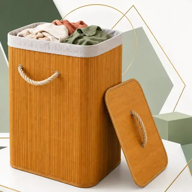 Cesto De Roupa Suja Bambu Ecológico 60l Tampa Dobrável Cesto Bege Liso