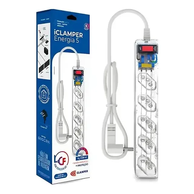 Iclamper Energia 5 Tomadas Lcf Transparente Filtro De Linha E Protetor Elétrico Dps Bivolt