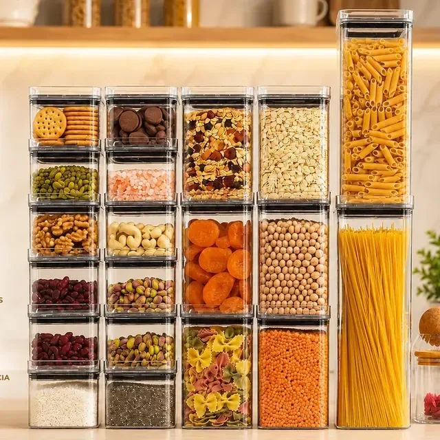 Kit 20 Potes Porta Mantimento Herméticos 2,3litros 1,1litro 500ml Acrílico Empilhável Transparência Cristal Livre de BPA