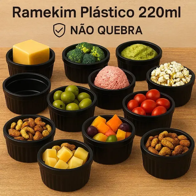 Kit 20 Ramequim Plastico 220ml Grande Não Quebra Branco Preto Canelado