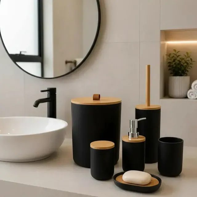 Kit Acessórios Banheiro 6 Peças Lixeira Escova Sanitária Dispenser Sabão Líquido Porta Escova Dente Saboneteira Cor Preto