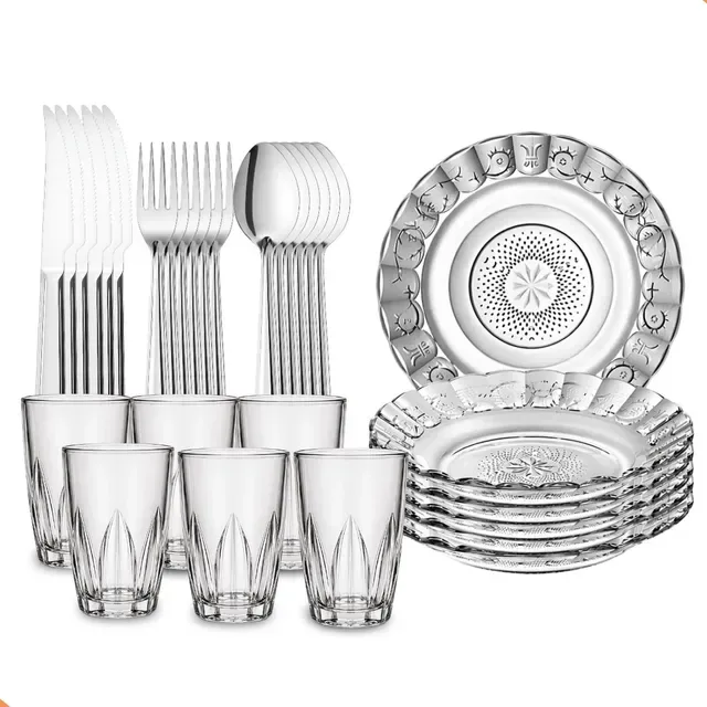 Kit Jantar 30 Peças Pratos Talheres Copos Vidro Mesa Posta Transparente Verdan
