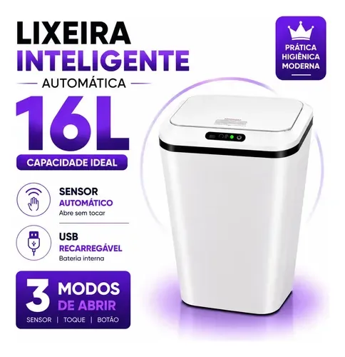 Lixeira Inteligente Automática 16L Sensor Infravermelho Recarregável USB-C 3 Modos Tampa Touch Banheiro Cozinha