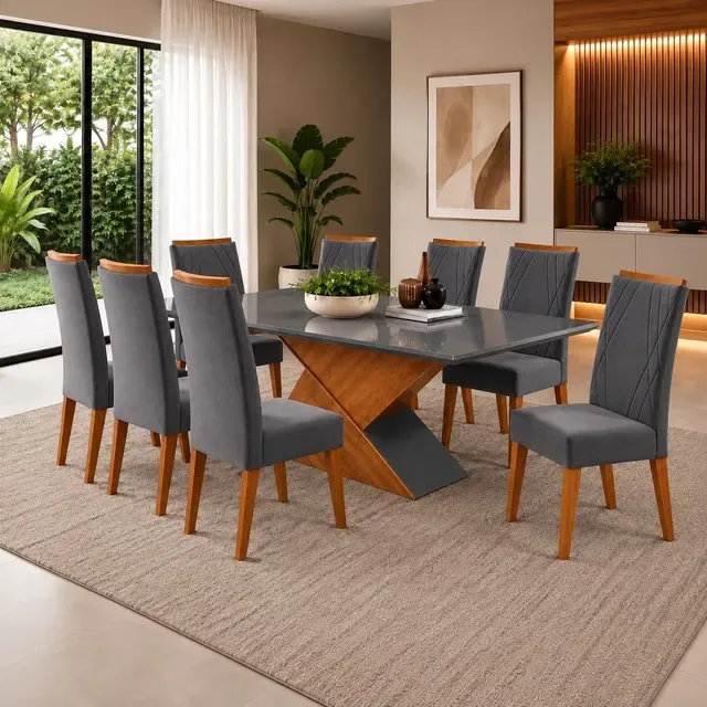 Mesa De Jantar Retangular Pipa Com 8 Cadeiras Madeira Mel/cinza/grafite