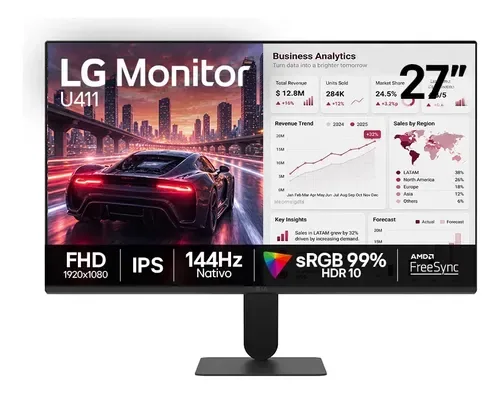 Monitor LG FHD Gamer & Office tela IPS 27”, 1ms (MBR), 144Hz Nativo, FreeSync, HDR10, sRGB, Modo leitura, Flicker Safe, HDMI, Black Stabilizer, Dynamic Action Sync, Preto - 27U411B