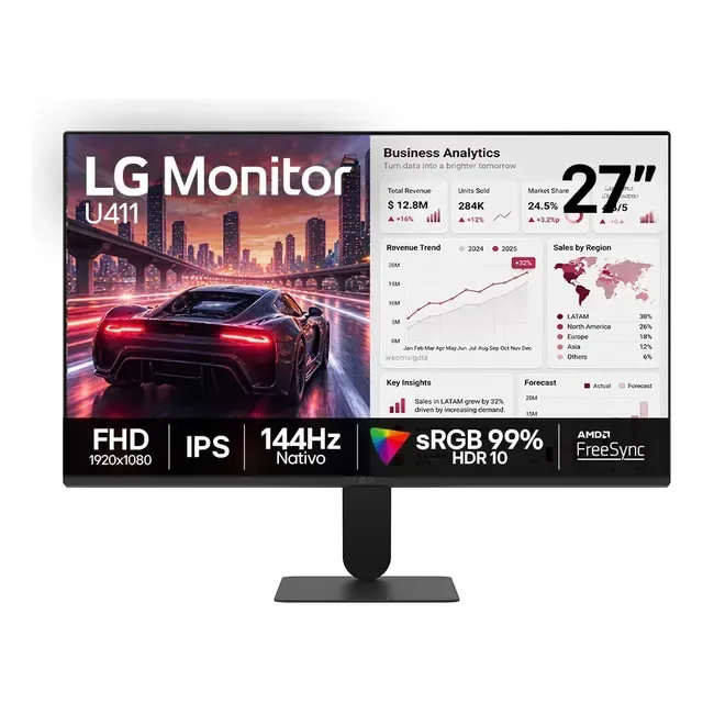 Monitor LG FHD Gamer & Office tela IPS 27”, 1ms (MBR), 144Hz Nativo, FreeSync, HDR10, sRGB, Modo leitura, Flicker Safe, HDMI, Black Stabilizer, Dynamic Action Sync, Preto - 27U411B