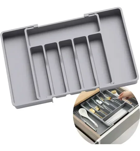 Organizador Porta Talheres Gaveta Cozinha Extensor Duplo Cinza