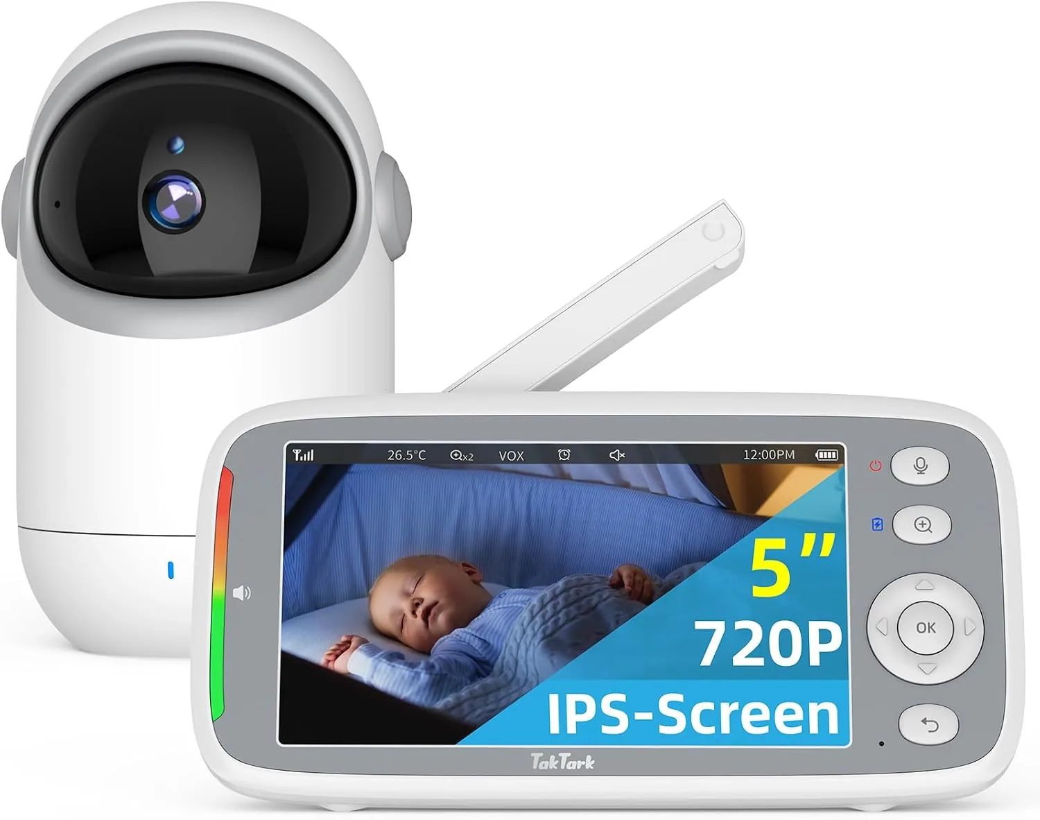 TakTark Babá Eletrônica, 5" 720P HD Bebê Câmera com Tela, Sem Wifi, Panorâmica Inclinação, Áudio Bidirecional, Night Vision, Zoom Digital, Detecção De Som Vox, Ideal Para Novos Pais