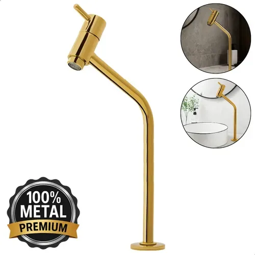 Torneira Para Pia Banheiro Bica Alta Lavatório Toda em Metal Inox Dourado Gold Brilhante Mesa Bancada Água Fria Bico Arejador Luxo 1/4 de Volta Moderna Boa - SOFTINOX