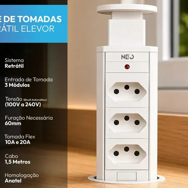 Torre 3 Tomadas Embutir Retrátil Elevor Para Bancada Branco Cod: 370025676 Neo Avant