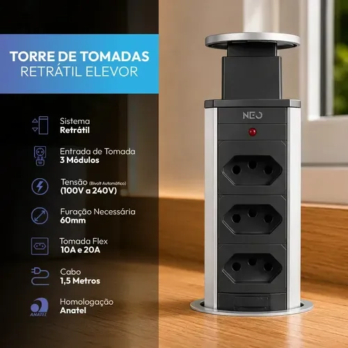 Torre 3 Tomadas Embutir Retrátil Elevor Para Bancada Cinza Cod: 370036672 Neo Avant
